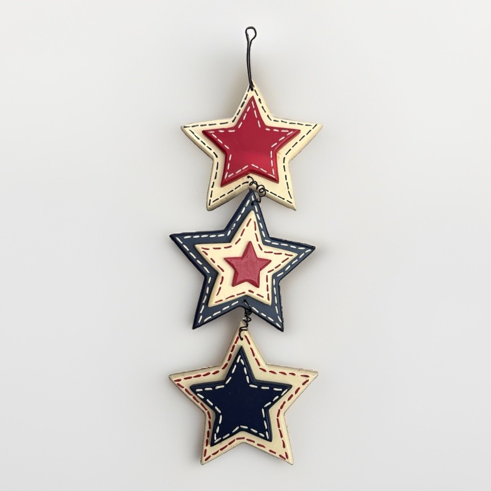 Vintage Rustic PATRIOTIC AMERICANA Wood RED WHITE BLUE 3 STARS Wall Hanging EUC